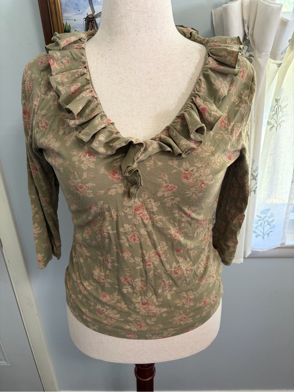 Chaps Denim 90s Ralph Lauren Cotton Floral Ruffle 3/4 Sleeve Shirt